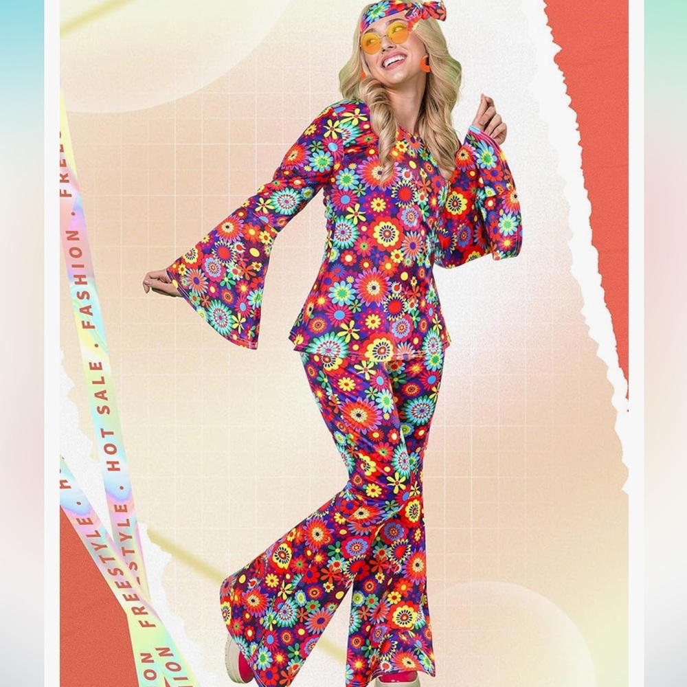 NEW PSYCHEDELIC DAISY PRINT DISCO 70’s PANT SUIT SIZE LARGE - Picture 2 of 4